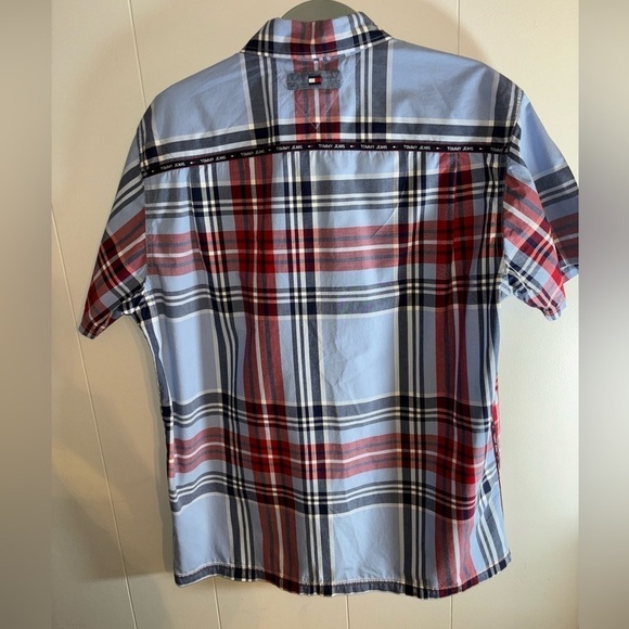 1990’s TOMMY JEANS RED & BLUE PLAID SS MED LOGO BUTTONED DOWN - Picture 8 of 14